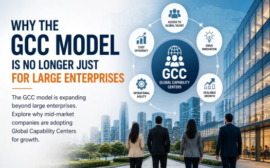 GCC model illustration showing modern office buildings, business professionals, and icons representing global talent, innovation, cost efficiency, and scalable growth.