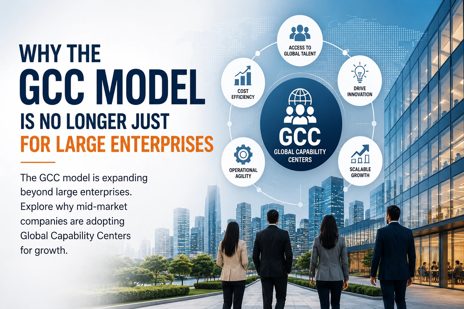 GCC model illustration showing modern office buildings, business professionals, and icons representing global talent, innovation, cost efficiency, and scalable growth.