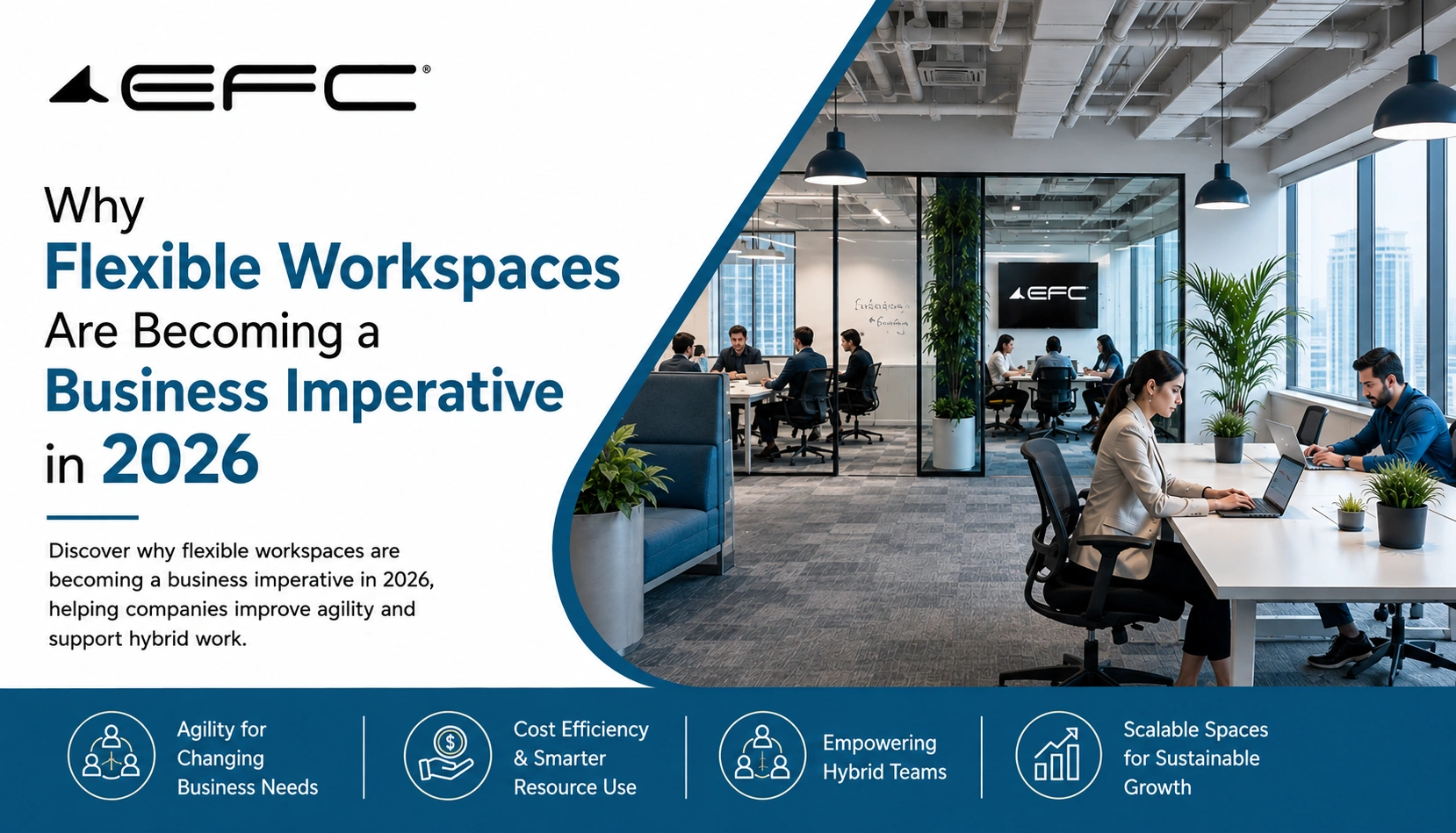EFC India featured image highlighting why flexible workspaces are becoming a business imperative in 2026, with a modern office environment and benefits including agility, cost efficiency, hybrid teams, and scalable growth.