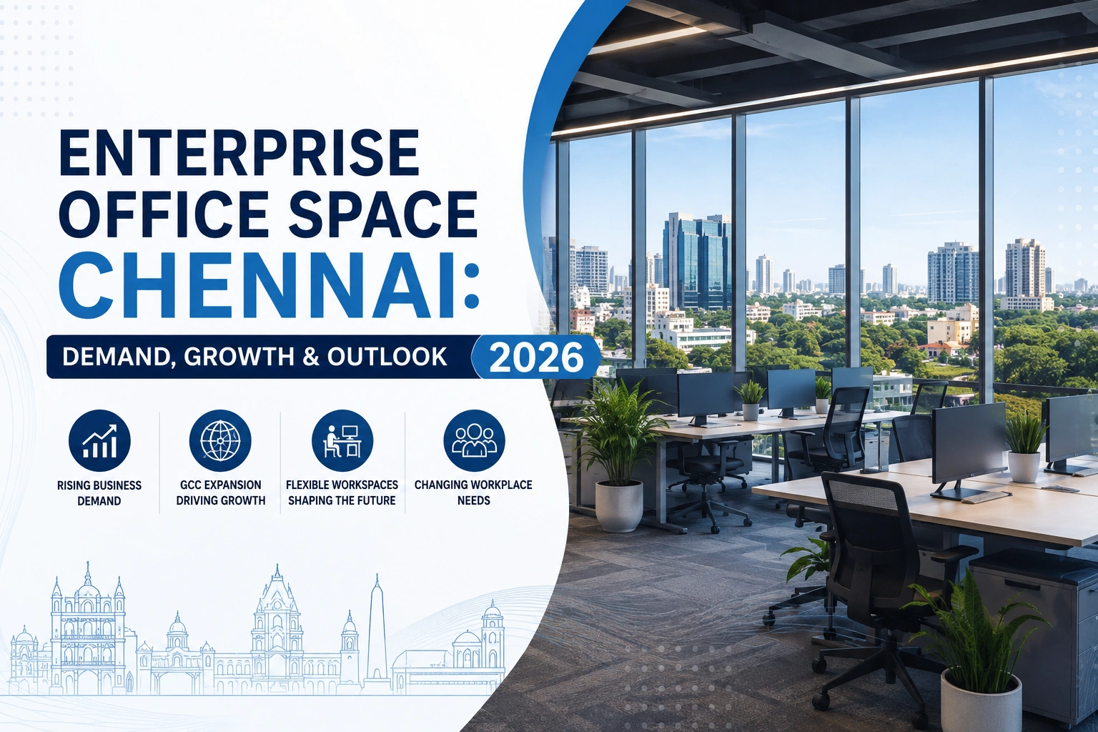 Modern enterprise office space in Chennai with a city skyline, highlighting business demand, GCC expansion, flexible workspaces, and workplace growth outlook for 2026