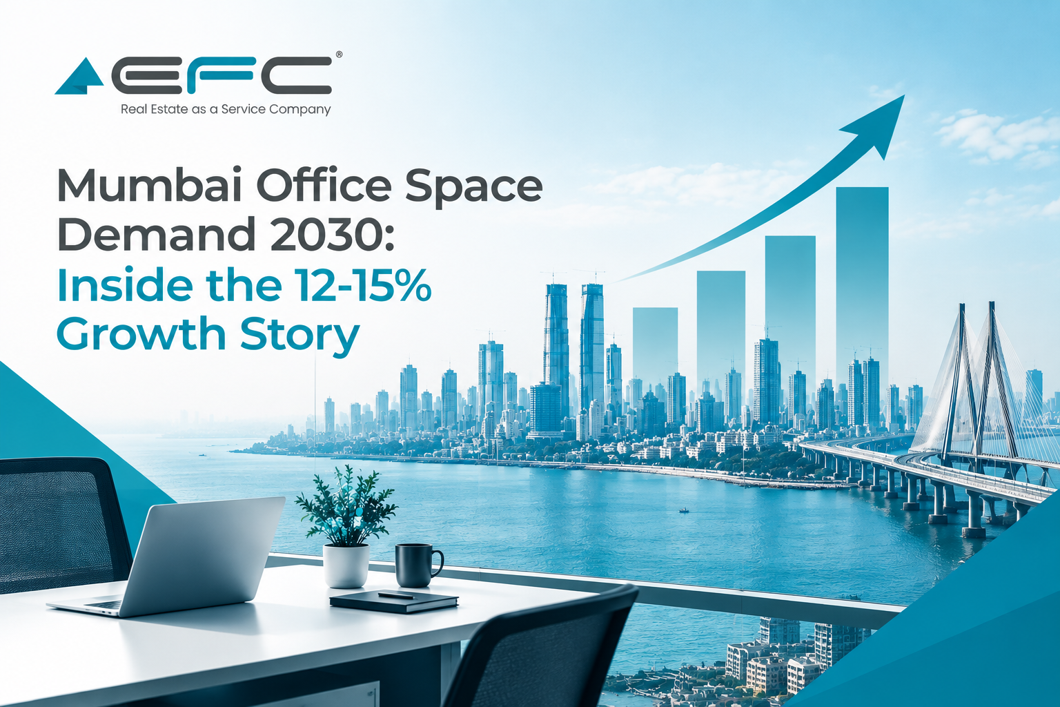 EFC India banner highlighting Mumbai office space demand growth through 2030, featuring the Mumbai skyline, modern workspace, rising growth chart, and the 12–15% projected growth story.