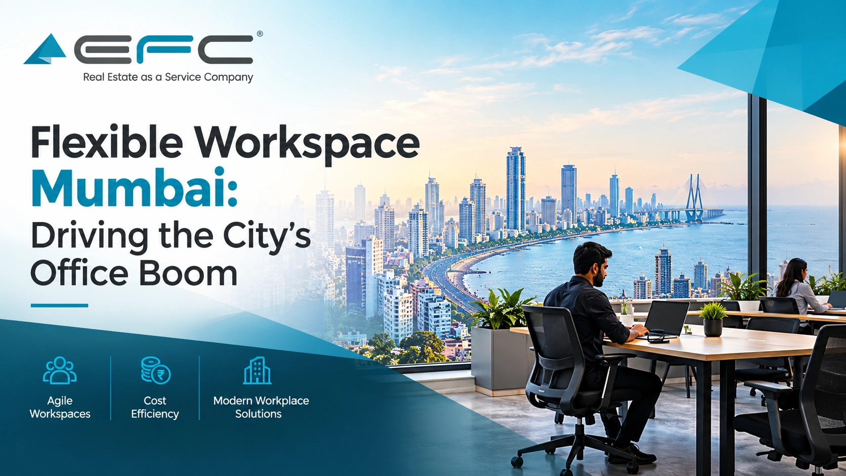A modern Mumbai coworking office overlooking the city skyline, illustrating flexible workspace, cost efficiency, and contemporary workplace solutions.