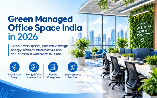 Green managed office space in India featuring a modern sustainable workspace with indoor plants, energy-efficient design, flexible workstations, and eco-conscious interiors.