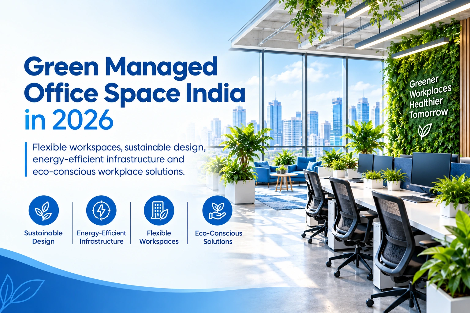 Green managed office space in India featuring a modern sustainable workspace with indoor plants, energy-efficient design, flexible workstations, and eco-conscious interiors.