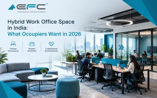 Modern hybrid work office space in India featuring flexible workstations, collaborative seating, glass meeting rooms, and contemporary interiors by EFC India.